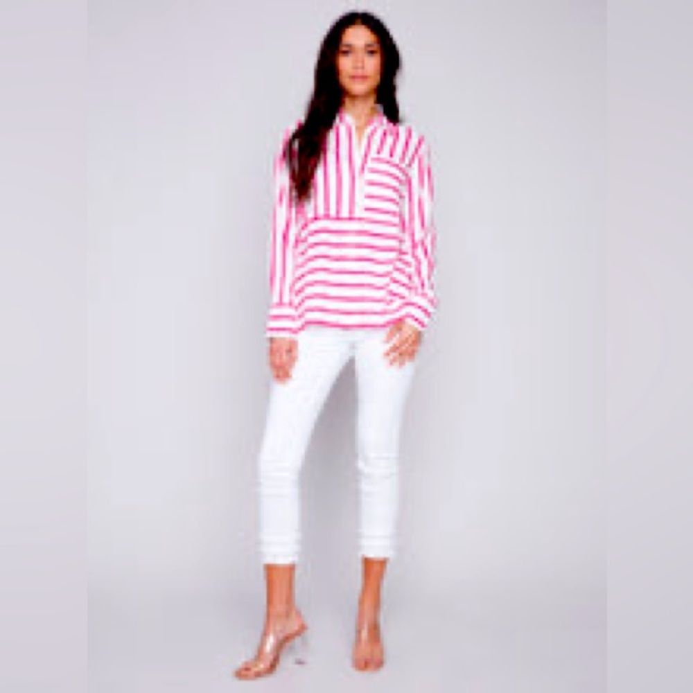 CHARLIE B Button-Down Rayon Linen Blend White Pink Shirt Size L  NWT